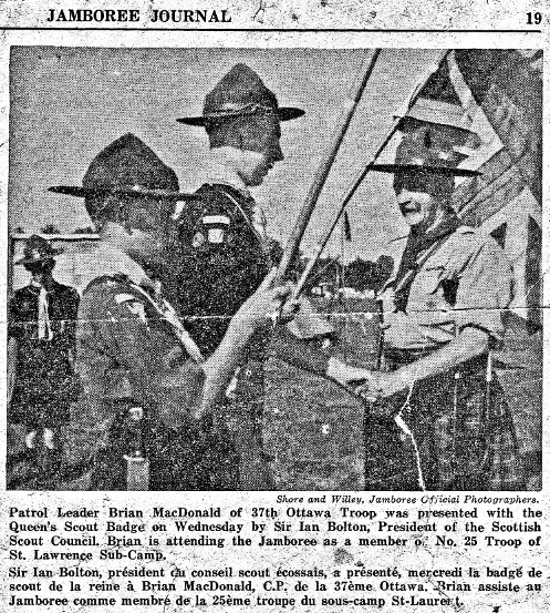 Brian MacDonald receives his Queen's Scout Award from the Chief Scout of Scotland at WJ'55