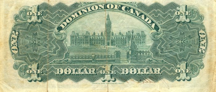 Old Canadian dollar bill, back.