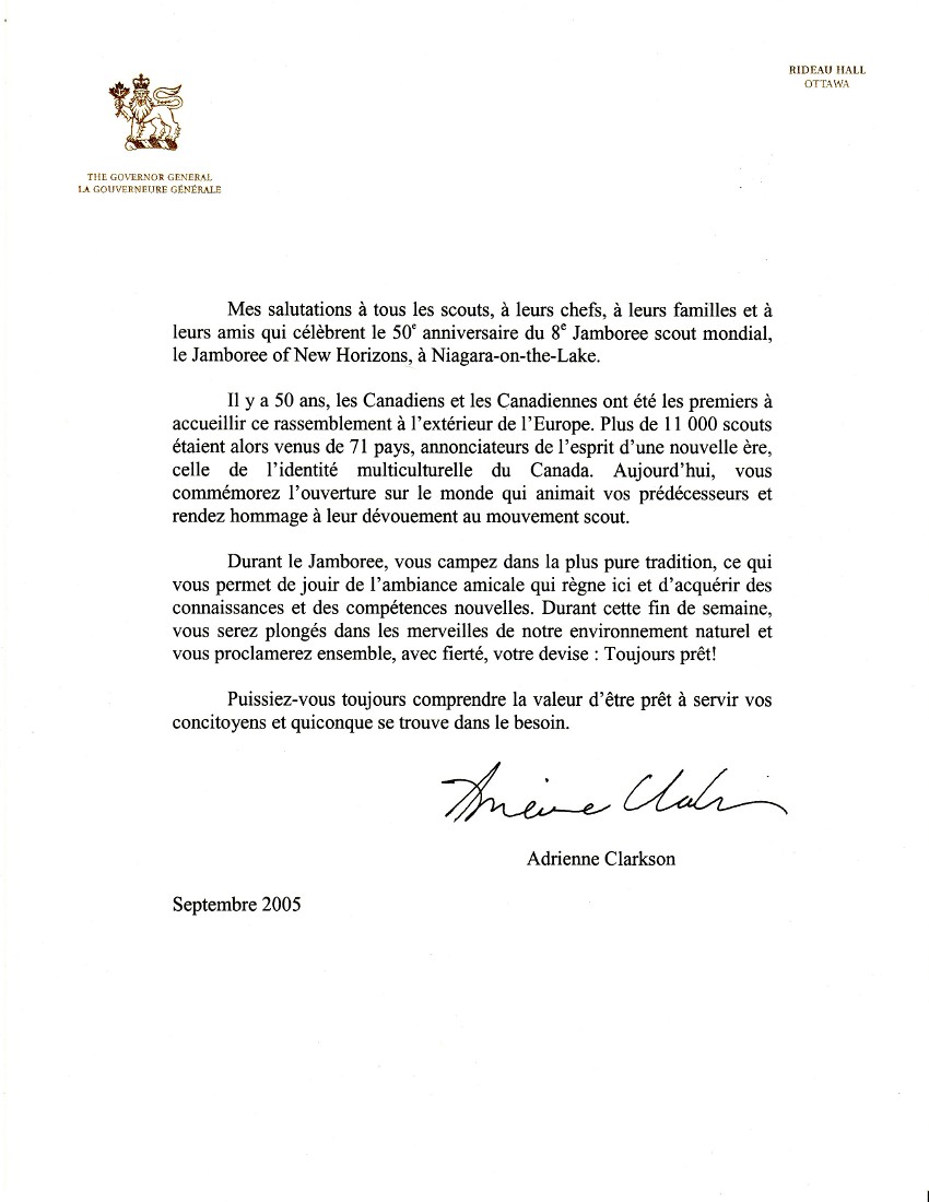 Anniversary Message from Adrienne Clarkson, Governor General of Canada, French