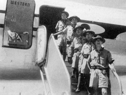 Japanese Scouts getting off an airplane